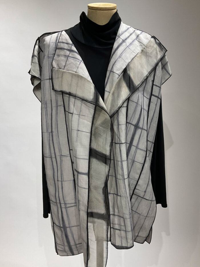 Shibori vest, grey and black grid patterna