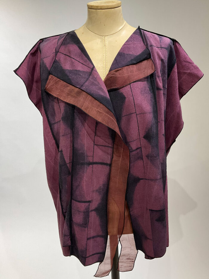 Shibori vest, plum grid pattern
