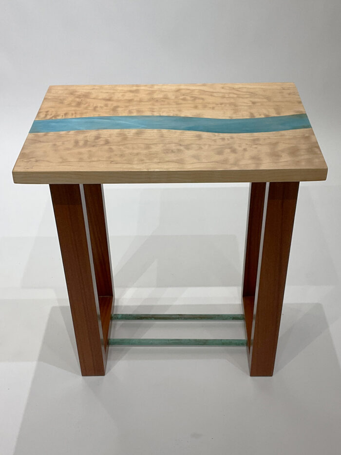 Bill Koss, small table with inlayed blue glass in wave shape