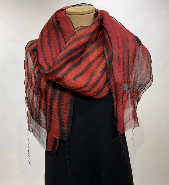 Ana Lisa Halstrom, silk shibori scarf, black and red
