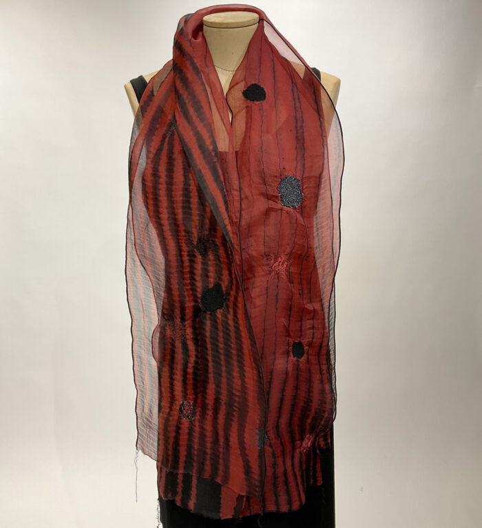 Ana Lisa Halstrom, silk shibori scarf, black and red