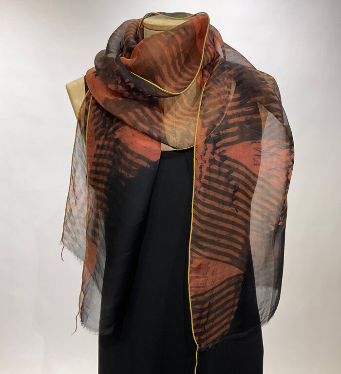 Ana Lisa Halstrom, silk shibori scarf, rust and indigo