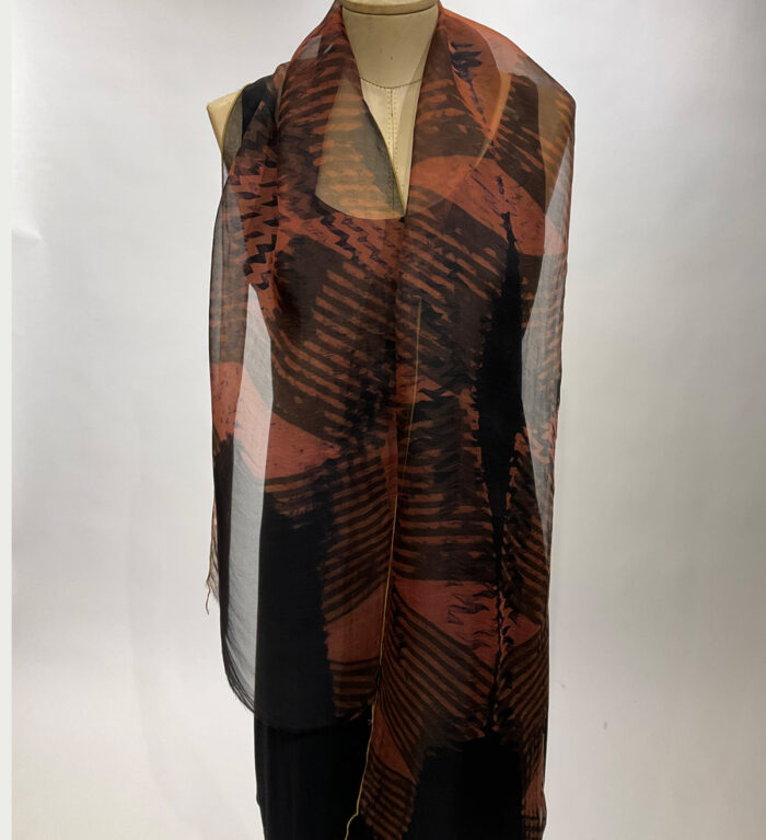 Ana Lisa Halstrom, silk shibori scarf, rust and indigo