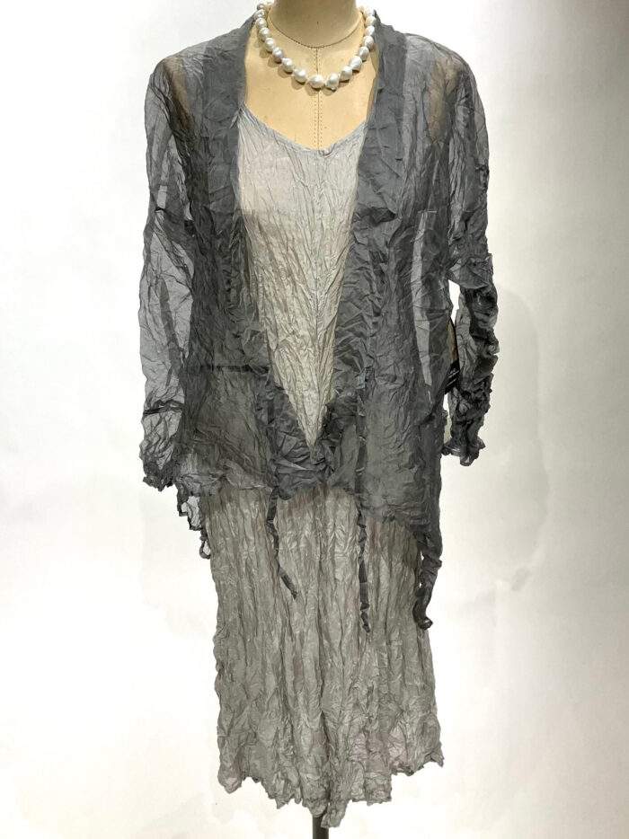 Carol Lee Shanks, Crushed silk Habitai dress, layered with grey jacket