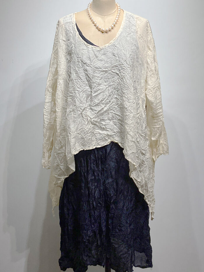 Carol Lee Shanks, Crushed silk Habitai dress, indigo, layered with ivory triangle shirt