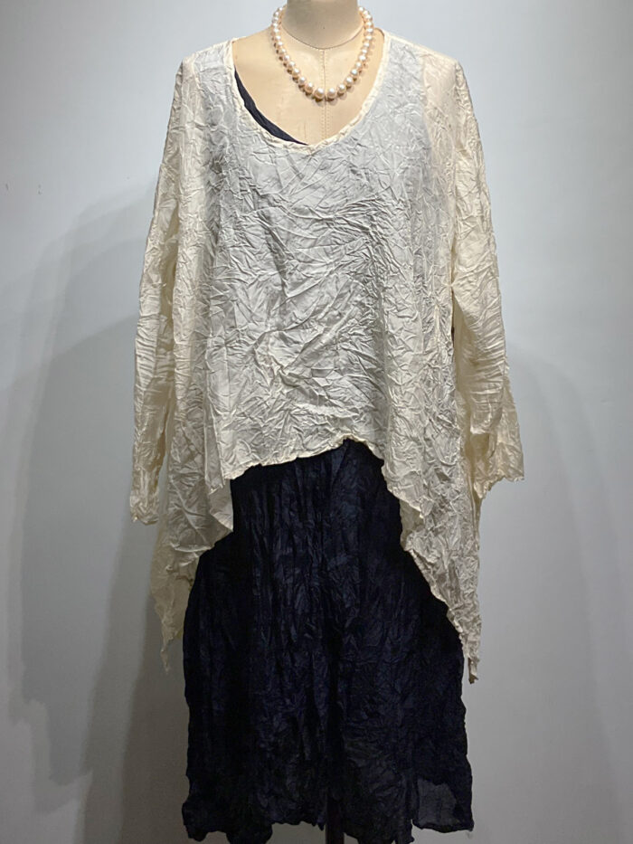 Carol Lee Shanks, Crushed silk Habitai dress, indigo, layered with ivory triangle shirt