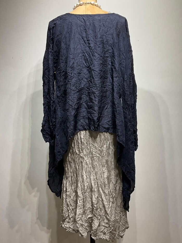Light grey silk Habitai Dress with indigo Triangle Shirt