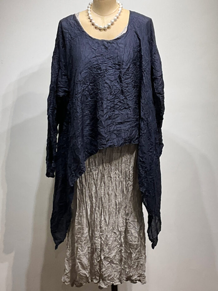 Carol Lee Shanks, Crushed silk Habitai dress, light grey, layered with indigo triangle shirt