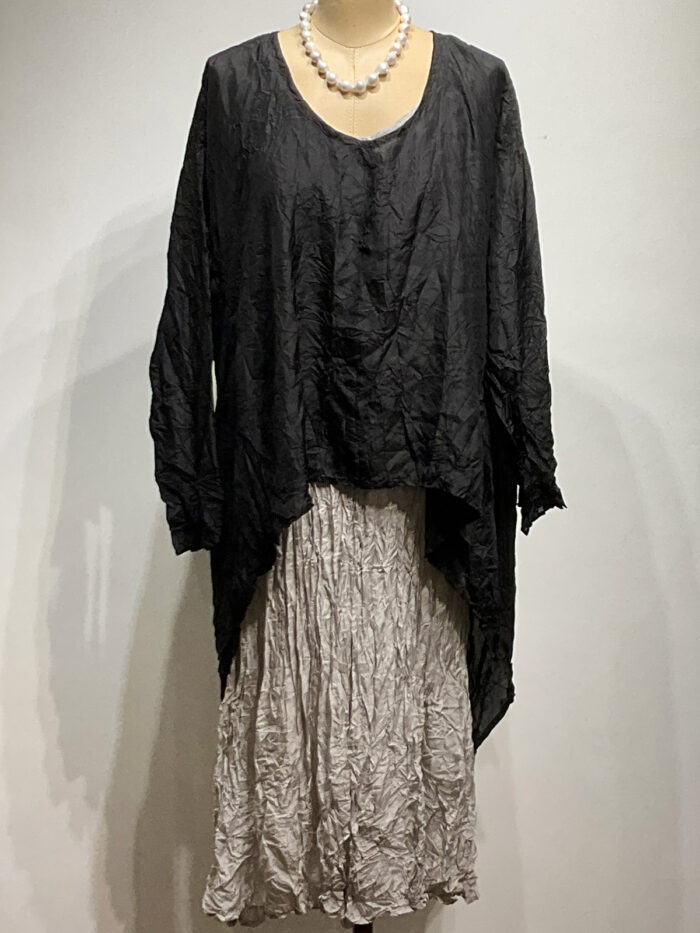 Carol Lee Shanks, Crushed silk Habitai dress, light grey, layered with black triangle shirt