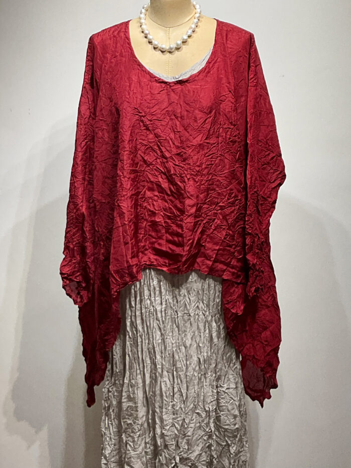 Carol Lee Shanks, Crushed silk Habitai dress, light grey, layered with red triangle shirt