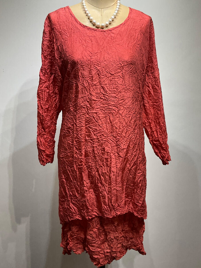 Carol Lee Shanks, Crushed silk Habitai Fingertip Tunic layered with 4-panel dress-Persimmon