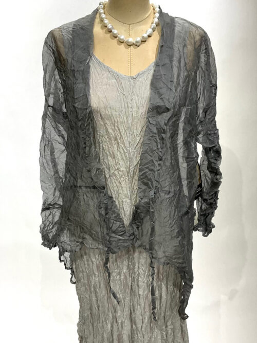 Carol Lee Shanks, Crushed silk Habitai dress, layered with grey jacket