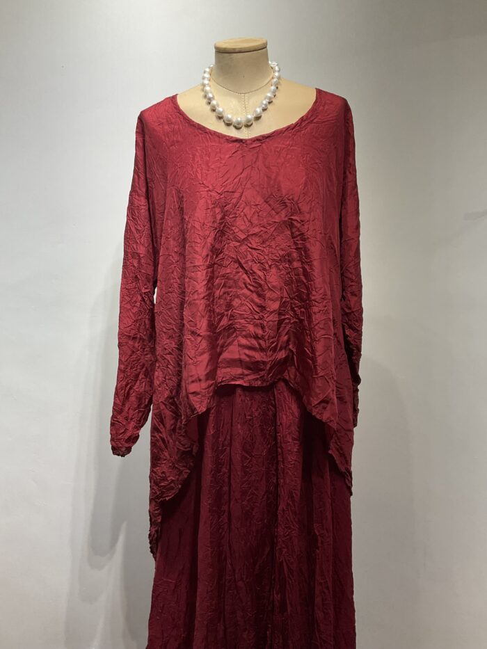 Carol Lee Shanks, Crushed silk Habutai skirt, layered with triangle top, cranberry