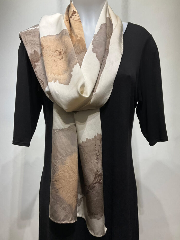 Ana Lisa Hedstrom, gray, and tan flowers scarf